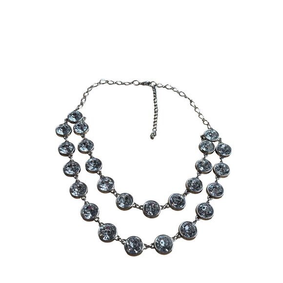 Silvertone Double Strand Necklace Clear Rhinestones Chunky Statement 20-23 inch - Picture 2 of 4